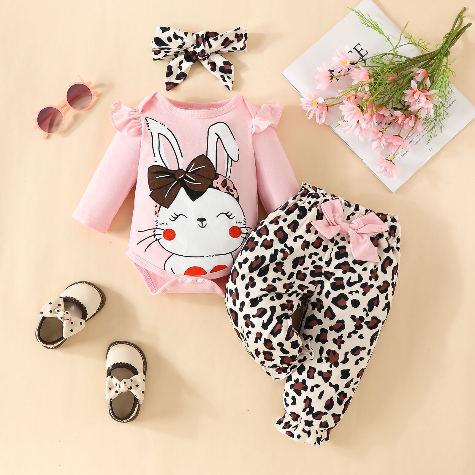 3PCS Cute Bunny Leopard Print Long Sleeve Baby Set