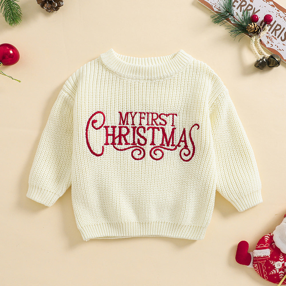 3PCS My First Christmas Letter Printed Knit Long Sleeve Baby Top