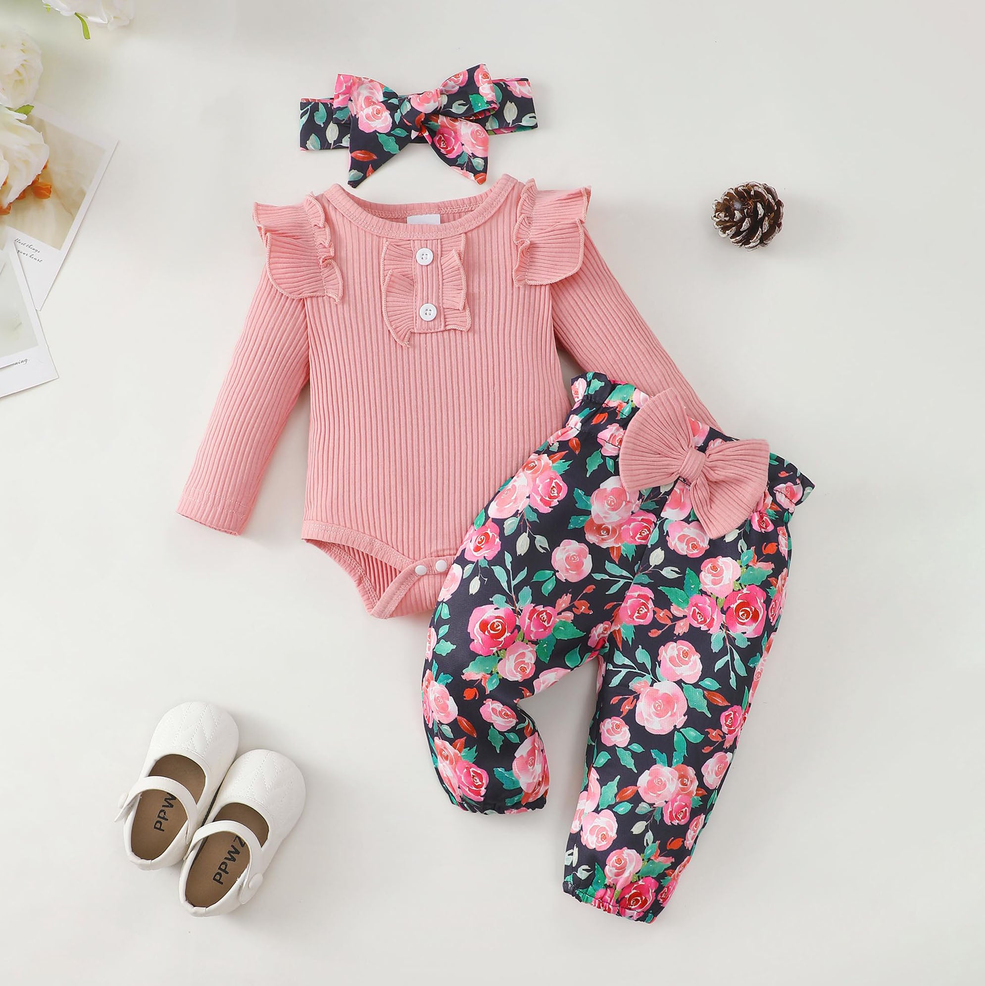 3PCS Neat Floral Print Long Sleeve Baby Set