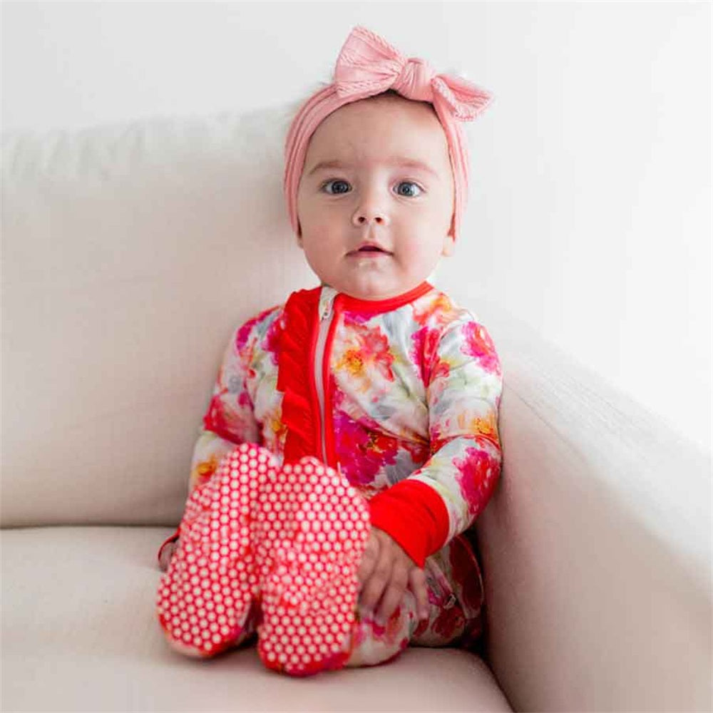 Casual Stylish Floral Print Ruffle Long Sleeve Baby Jumpsuit