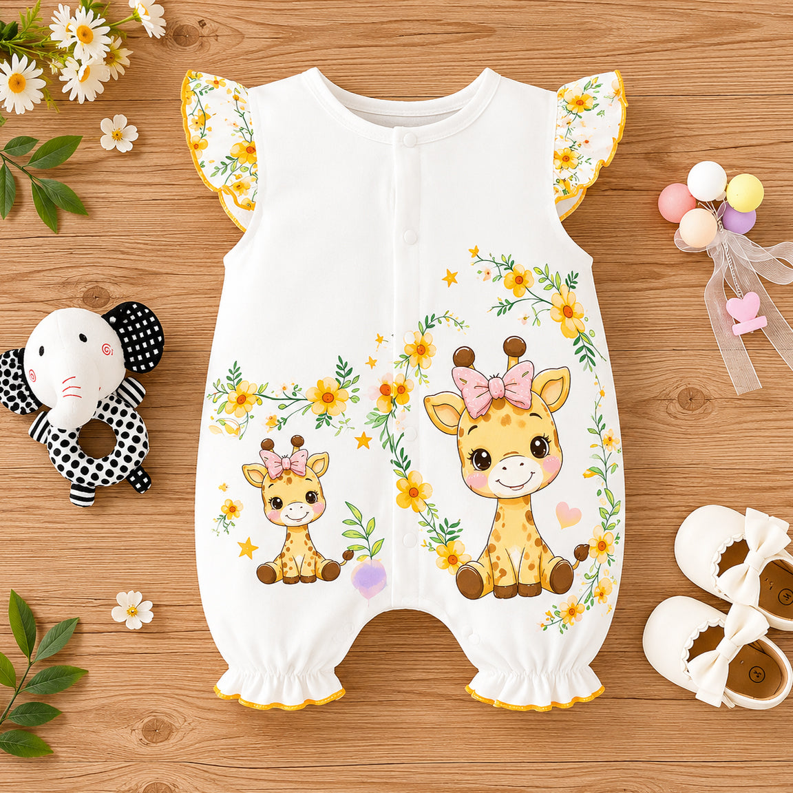 Sweet Giraffe Print Flounce Sleeve Baby Jumpsuit