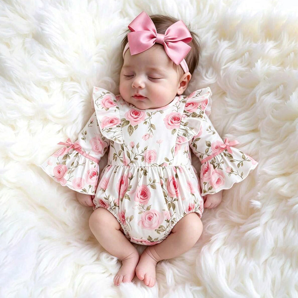 Adorable Floral Printed Long Sleeve Baby Girl Romper