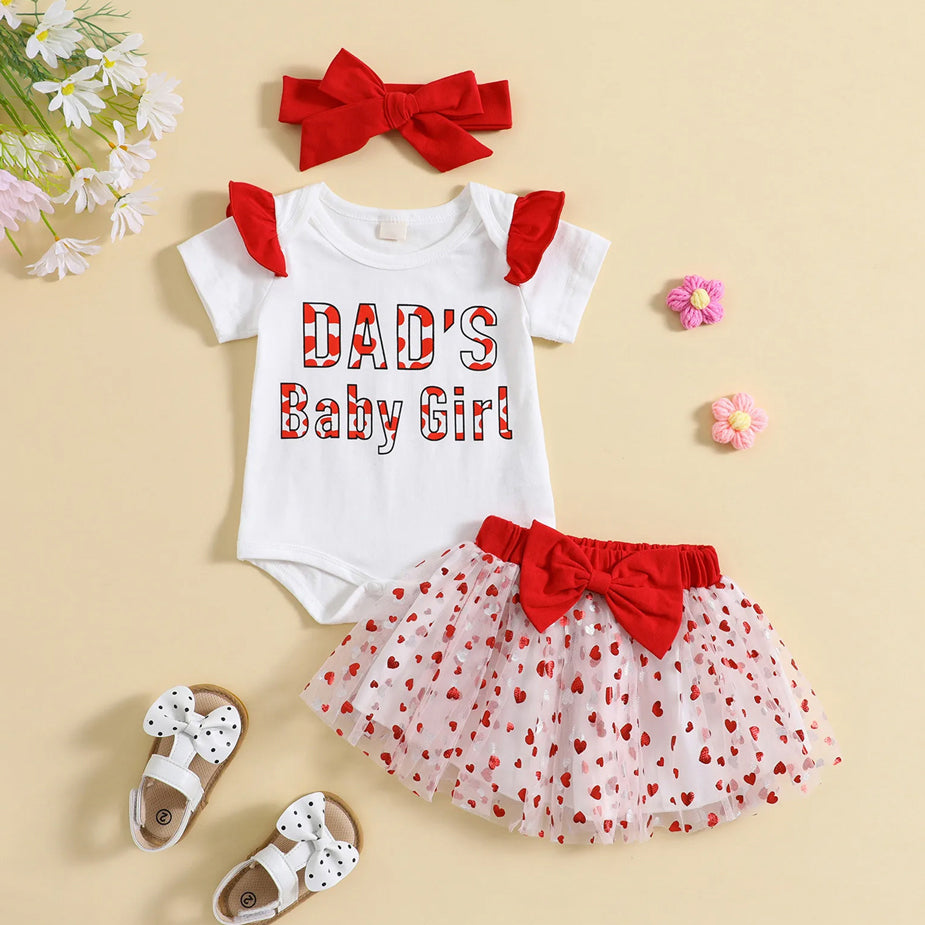 3PCS Dad's Baby Girl Letter Heart Print Short Sleeve Baby Set