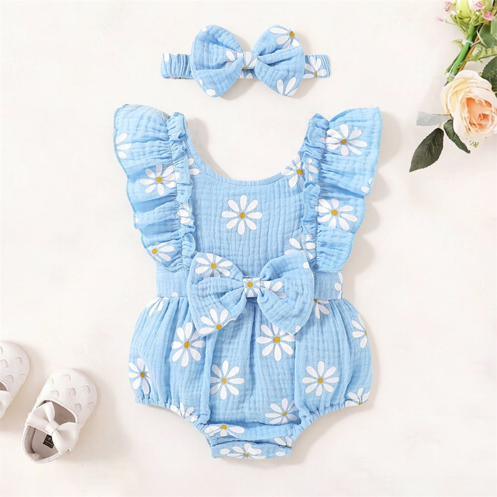 2PCS Sweet Daisy Print Flutter Sleeve Baby Girl Romper