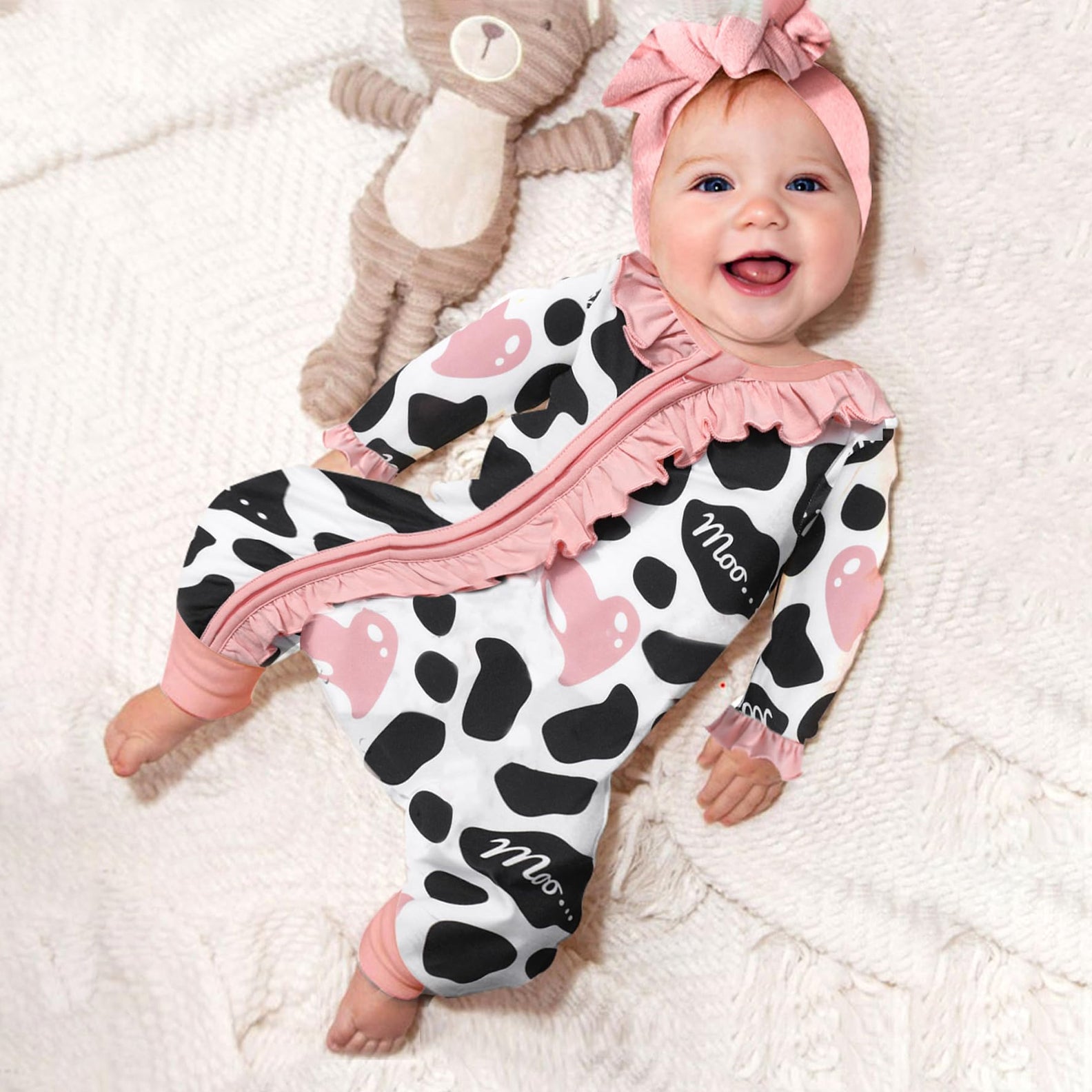 2PCS Moo Letter Cow Printed Ruffle Zipper Baby Jumpsuit