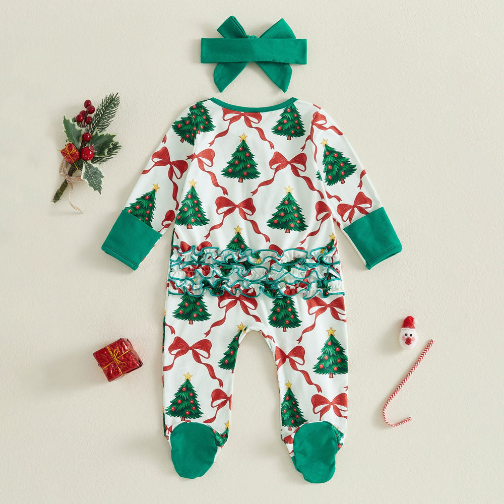 2PCS Christmas Tree Bow Printed Zipper Long Sleeve Baby Jumpsuit