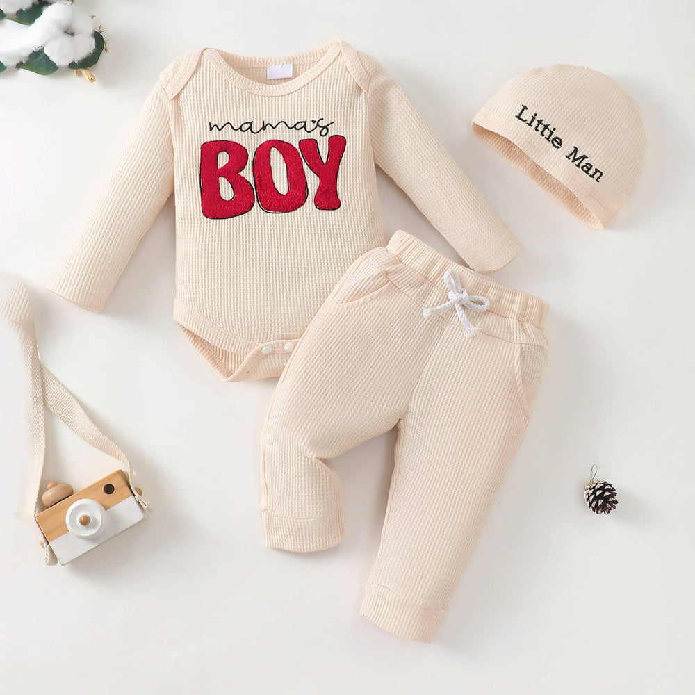3PCS Mama's Boy Letter Print Waffle Long Sleeve Baby Set