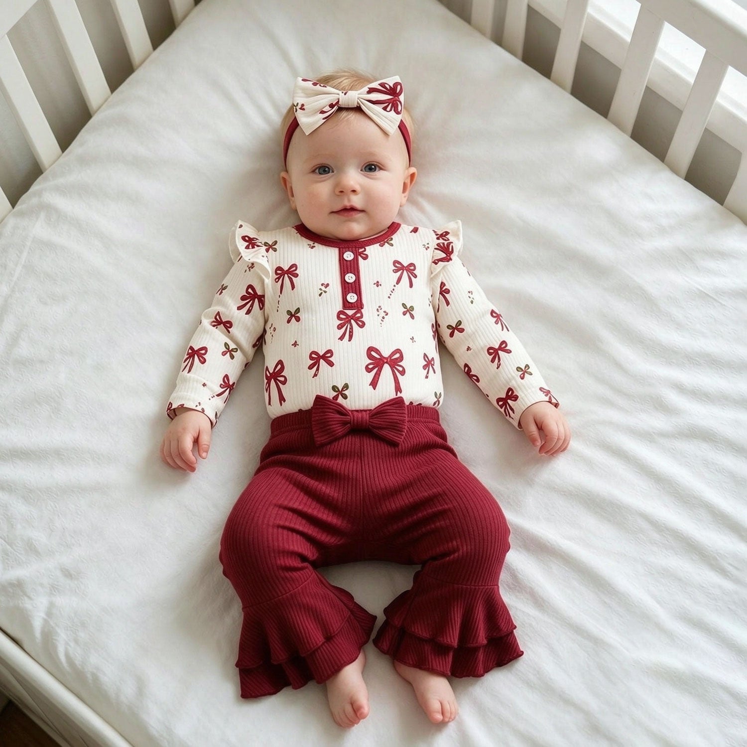 3PCS Grace Bow Printed Long Sleeve Baby Girl Set