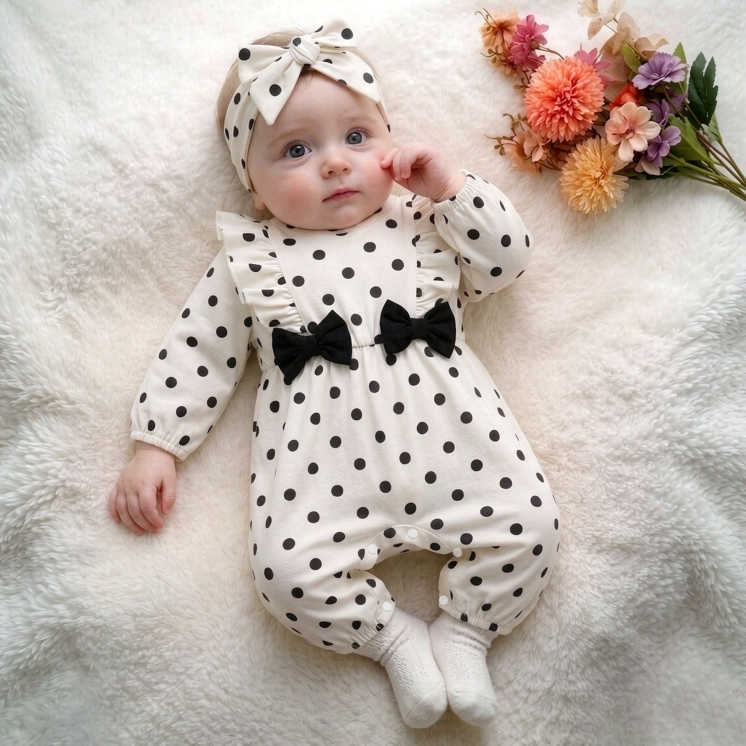 2PCS Quirky Polka Dots Printed Long Sleeve Baby Jumpsuit