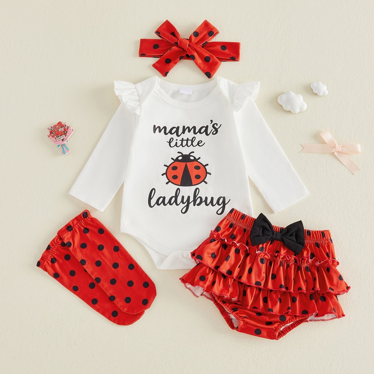 4PCS Lovely Mama's Little Ladybug Letter Polka Dots Print Baby Set
