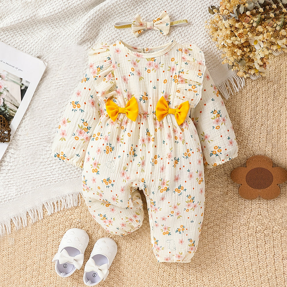 2PCS Pastoral Style Floral Printed Long Sleeve Baby Jumpsuit