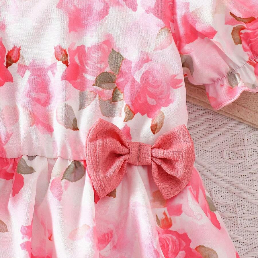 2PCS Vibrant Floral Print Bow Short Sleeve Baby Romper