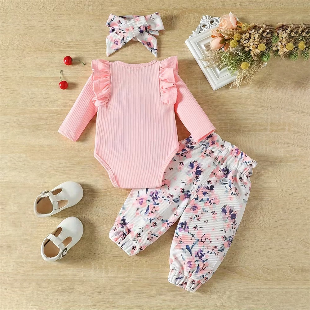 3PCS Comfy Pretty Floral Printed Long Sleeve Baby Set