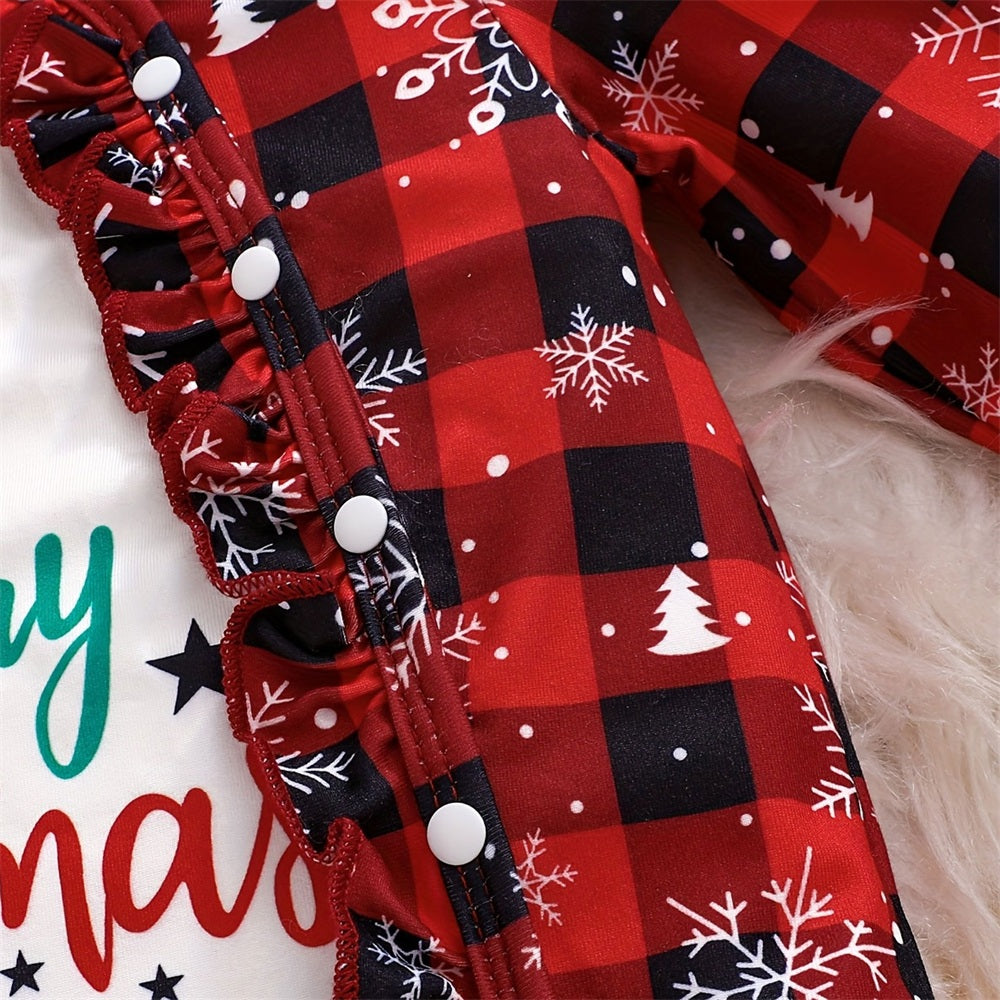 3PCS Merry Christmas Letter Snow Plaid Printed Baby Jumpsuit