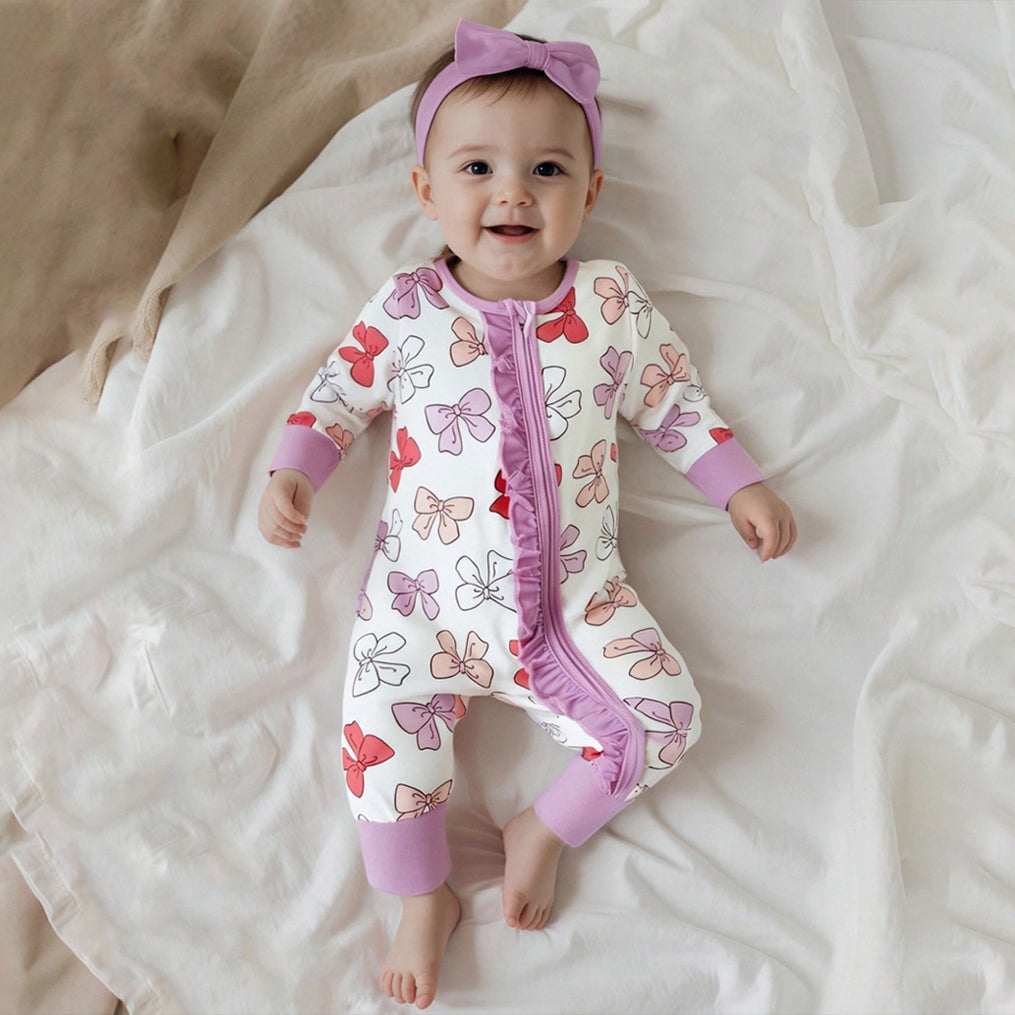 2PCS Elegant Bow Printed Zipper Baby Girl Jumpsuit