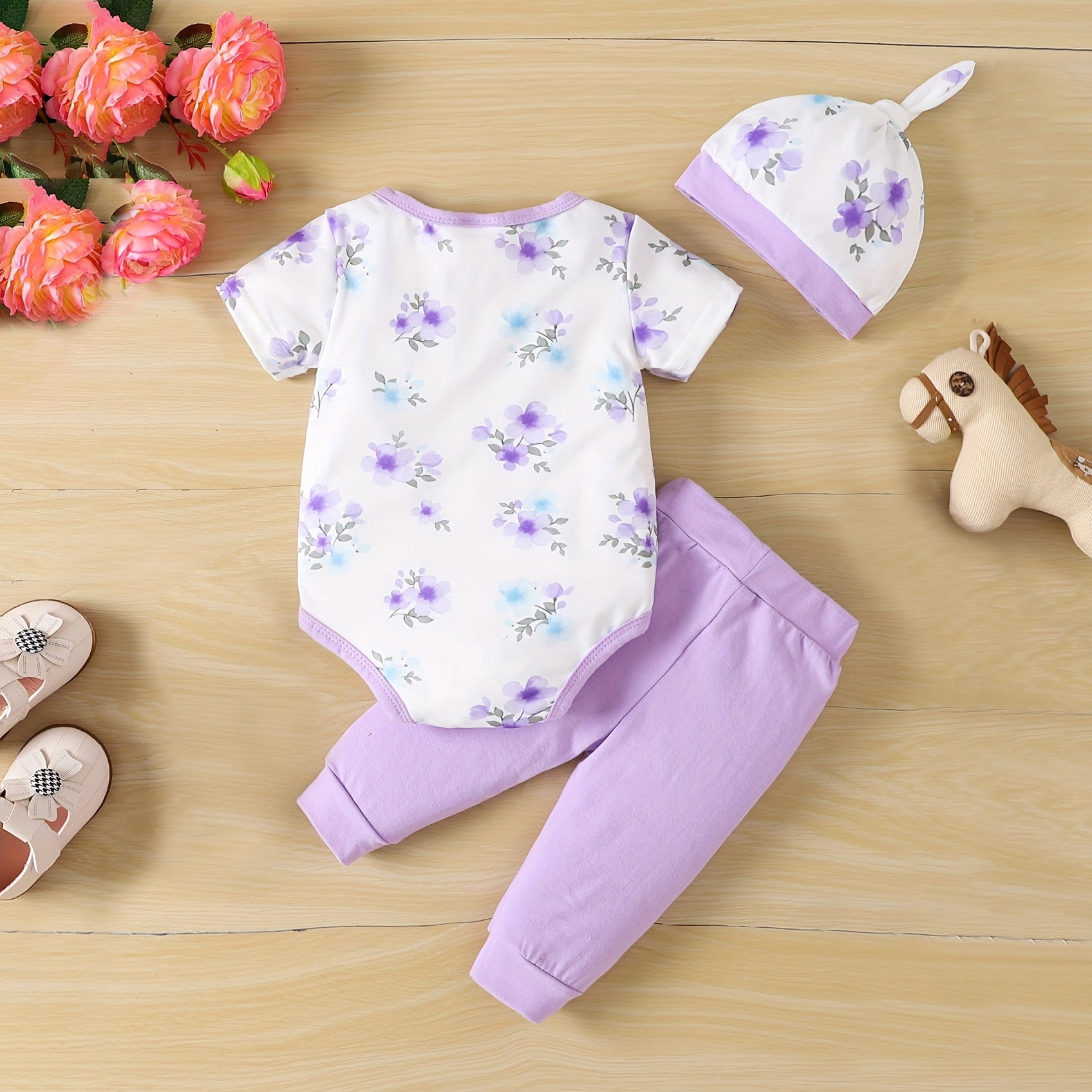 3PCS Elegant Floral and Elephant Printed Short Sleeve Baby Set
