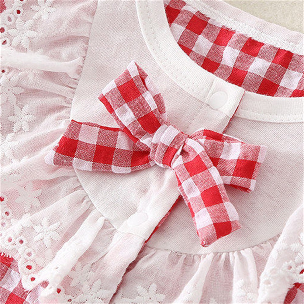 2PCS Stylish Plaid Printed Lace Trim Collar Short Sleeve Baby Jumpsuit