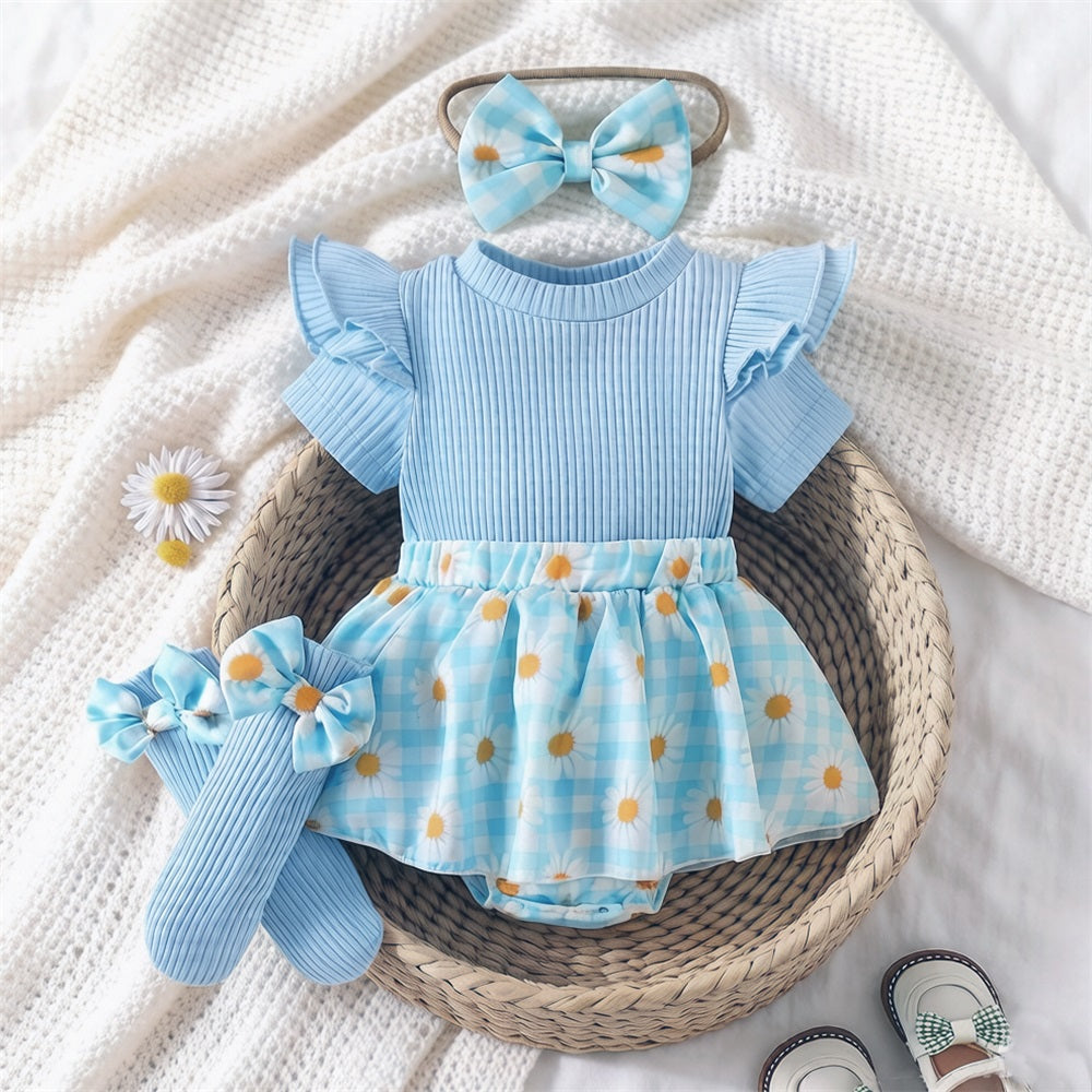 3PCS Trend Floral Printed Plaid Short Sleeve Baby Romper