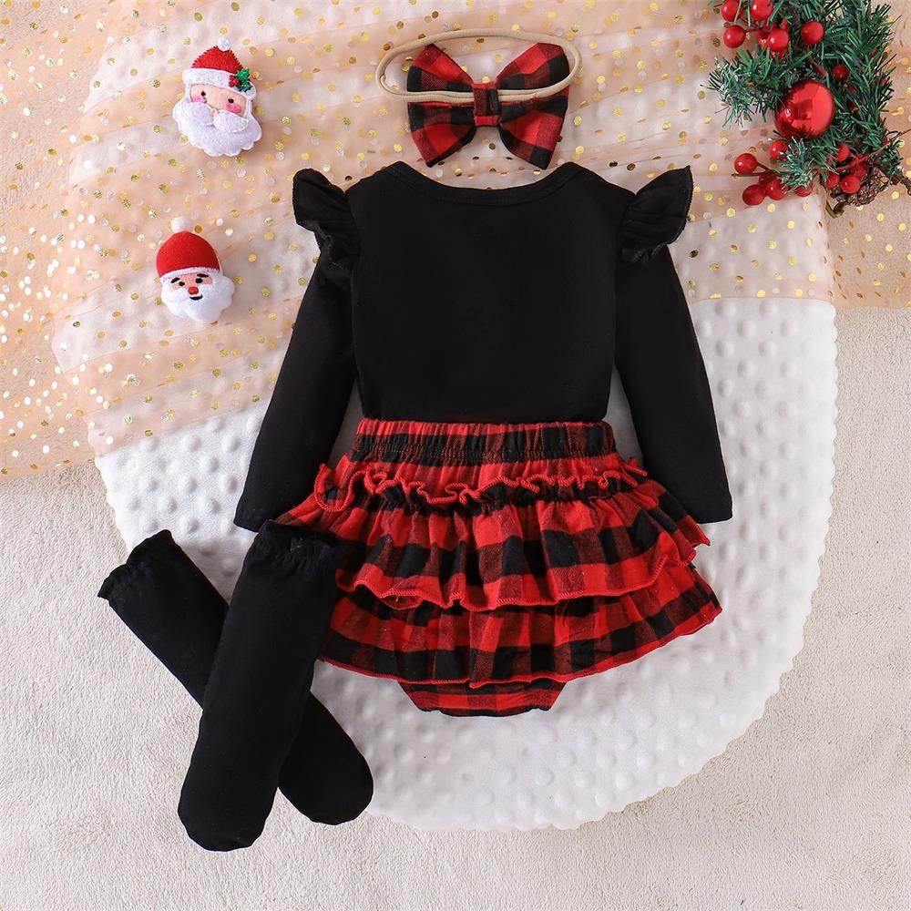 4PCS Cute My 1st Christmas Letter Plaid Printed Baby Set