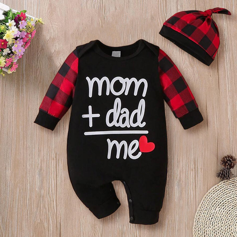 2PCS Mom Dad Me Letter Plaid Printed Long Sleeve Baby Jumpsuit