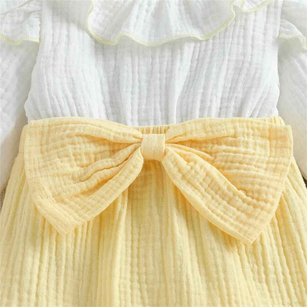 2PCS Ruffle Collar Long Sleeve Patchwork Yellow Bow Baby Jumpsuit