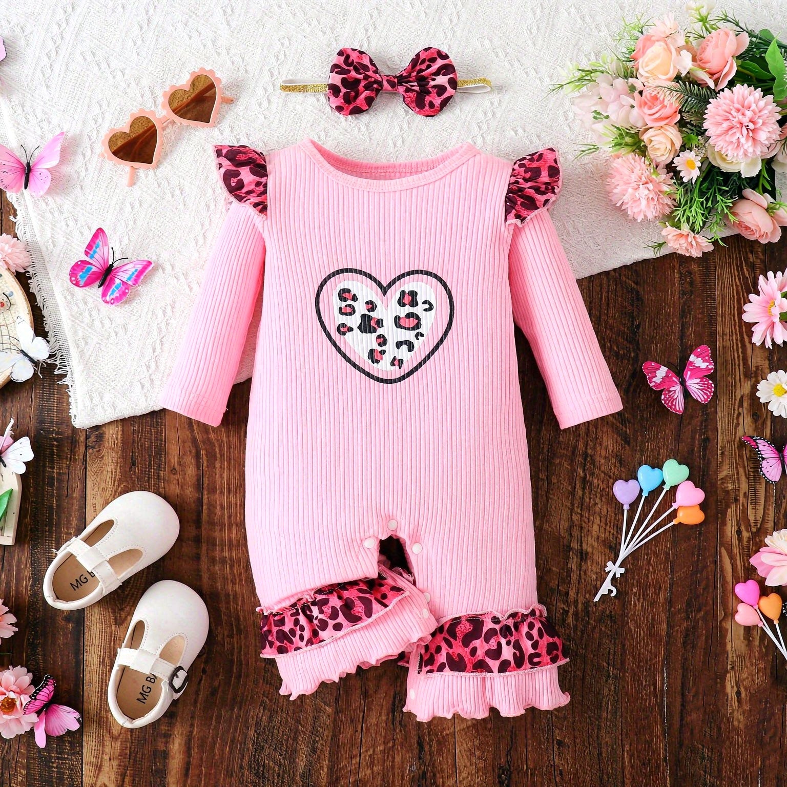 2PCS Heart Leopard Print Long Sleeve Baby Jumpsuit