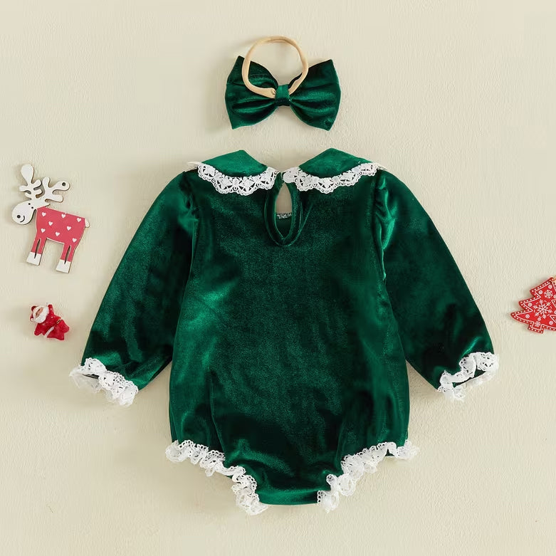 2PCS Chic My 1st Christmas Letter Tree Embroidered Baby Girl Velvet Romper