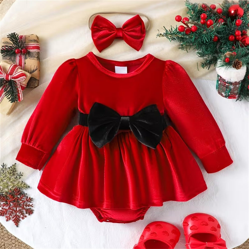 2PCS Color Block Long Sleeve Baby Girl Velvet Romper