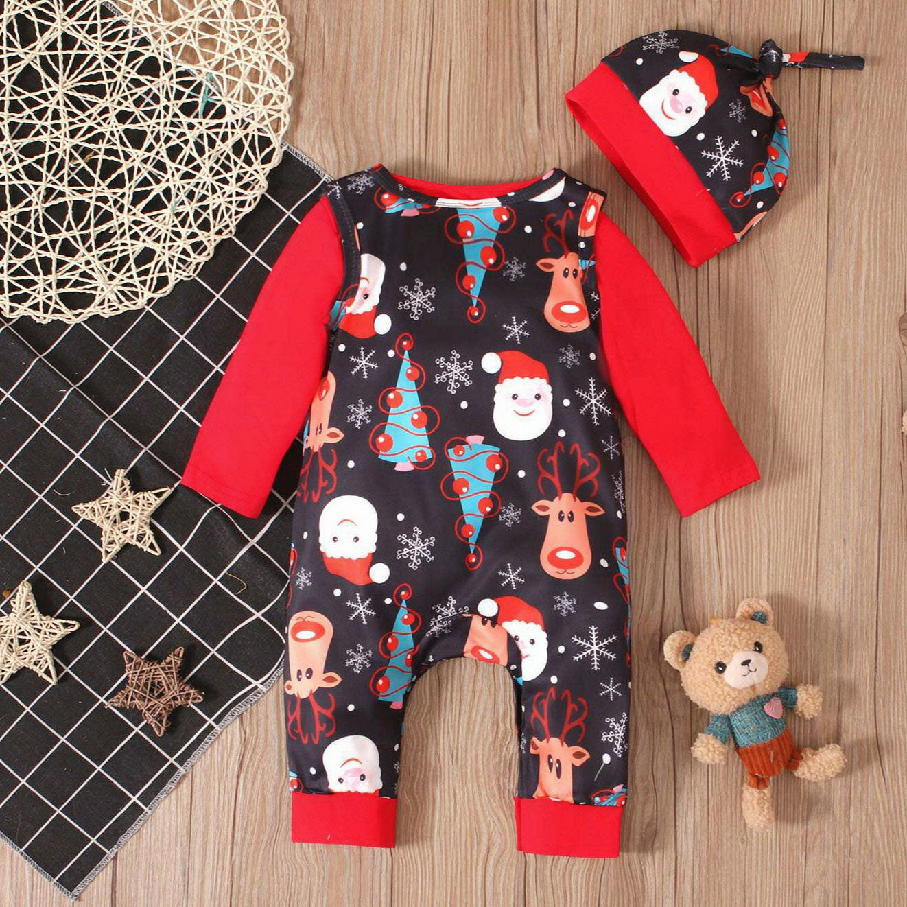 2PCS My First Christmas Letter Santa and Reindeer Print Baby Jumpsuit