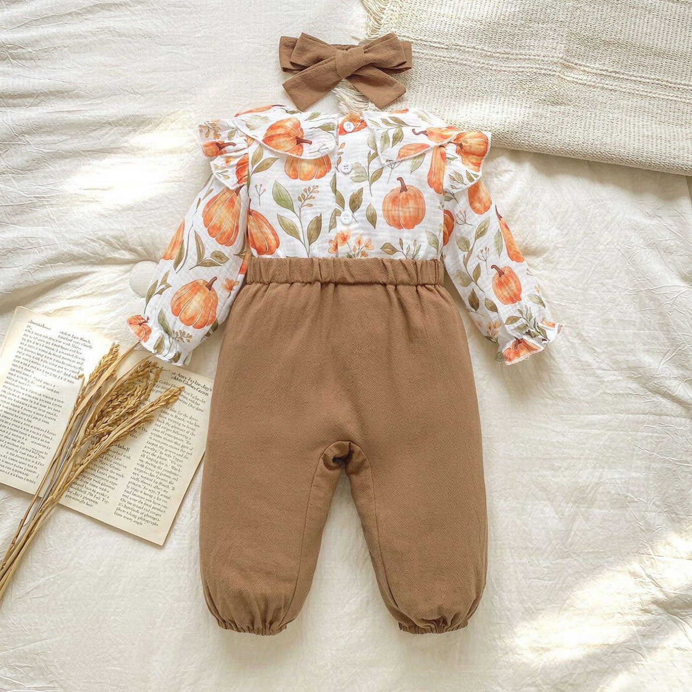 2PCS Color Block Pumpkin Print Bow Long Sleeve Baby Jumpsuit