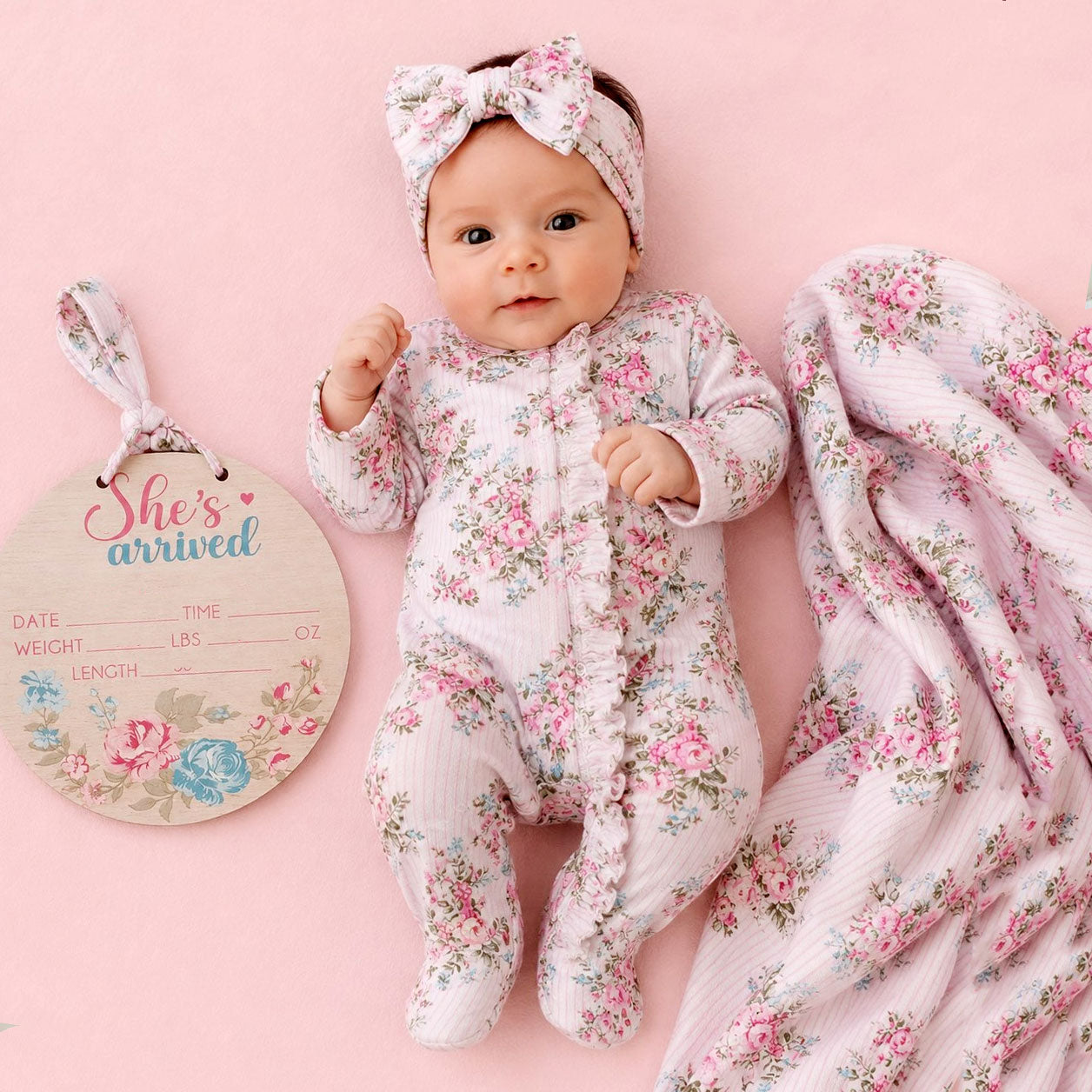 2PCS Romantic Floral Printed Ruffle Zipper Long Sleeve Baby Jumpsuit