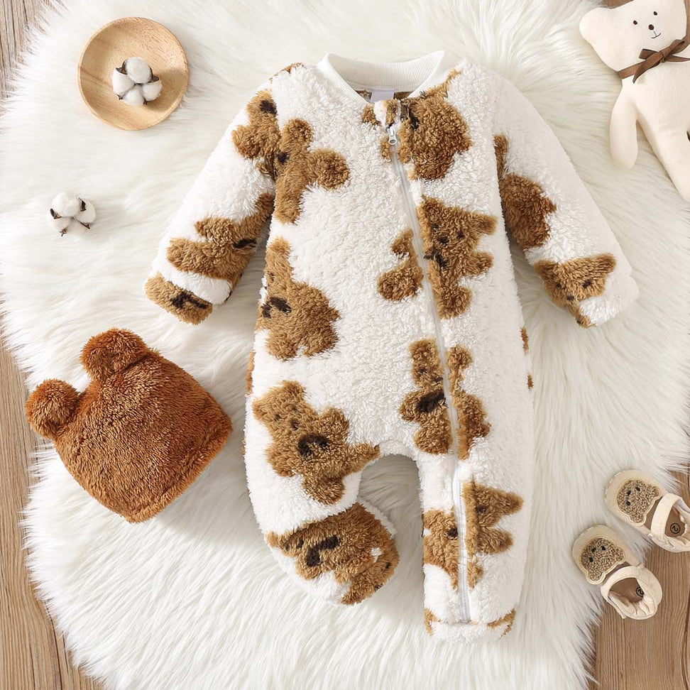 2PCS Fuzzy Bear Printed Zipper Baby Jumpsuit