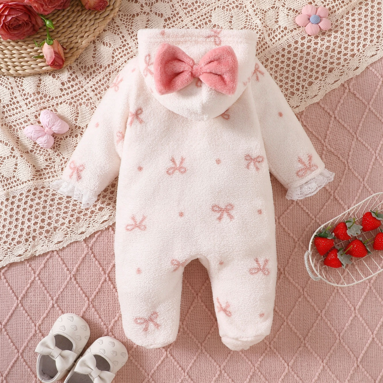 Grace Bow Printed Fuzzy Hoodie Zipper Baby Girl Jumpsuit