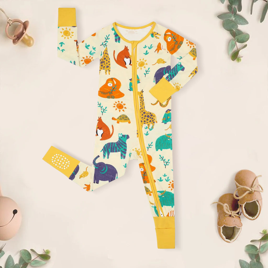 Allover Animal Printed Zipper Bamboo Viscose Baby Jumpsuit