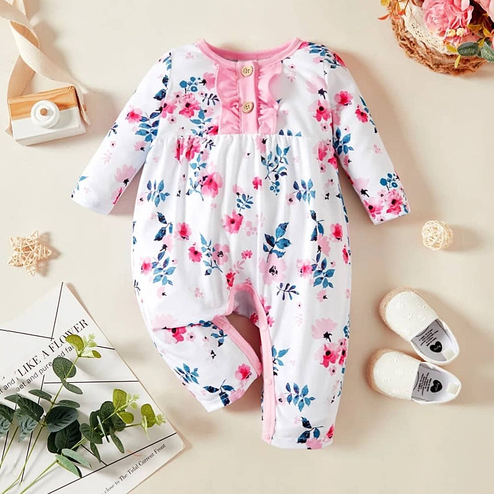 Lovely Allover Floral Printed Long Sleeve Baby Girl Jumpsuit