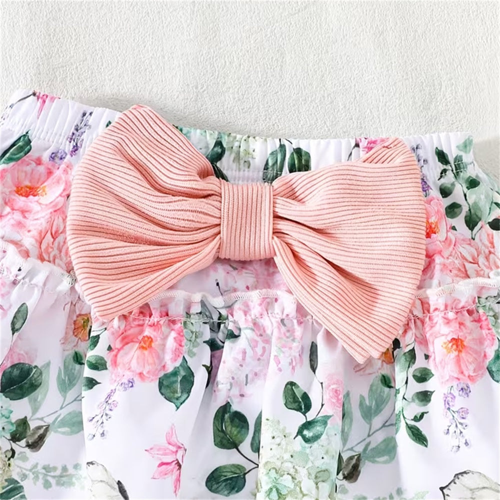 3PCS Fashion Floral Printed Bow Short Sleeve Baby Set