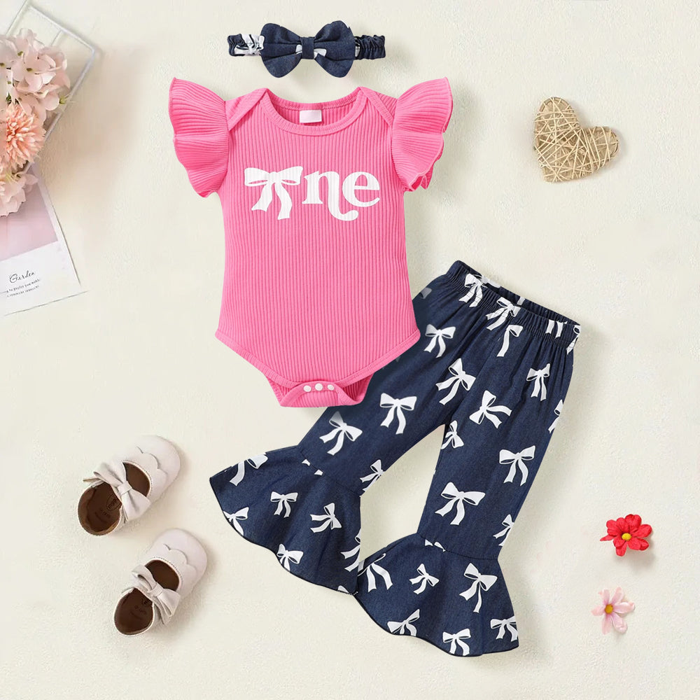 3PCS Stylish Bow Printed Fly Sleeve Baby Set