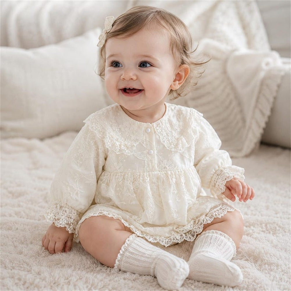 Gorgeous Solid Color Long Sleeve Floral Embroidery Baby Romper