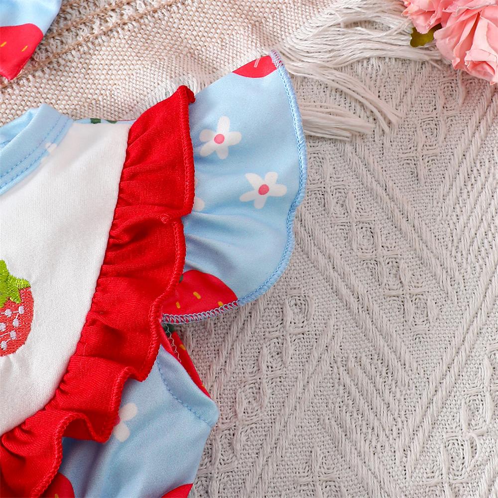 2PCS Lovely Strawberry & Floral Print Flutter Sleeve Baby Romper