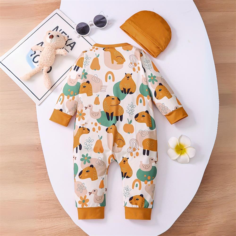 2PCS Cute Capybara Print Long Sleeve Baby Jumpsuit