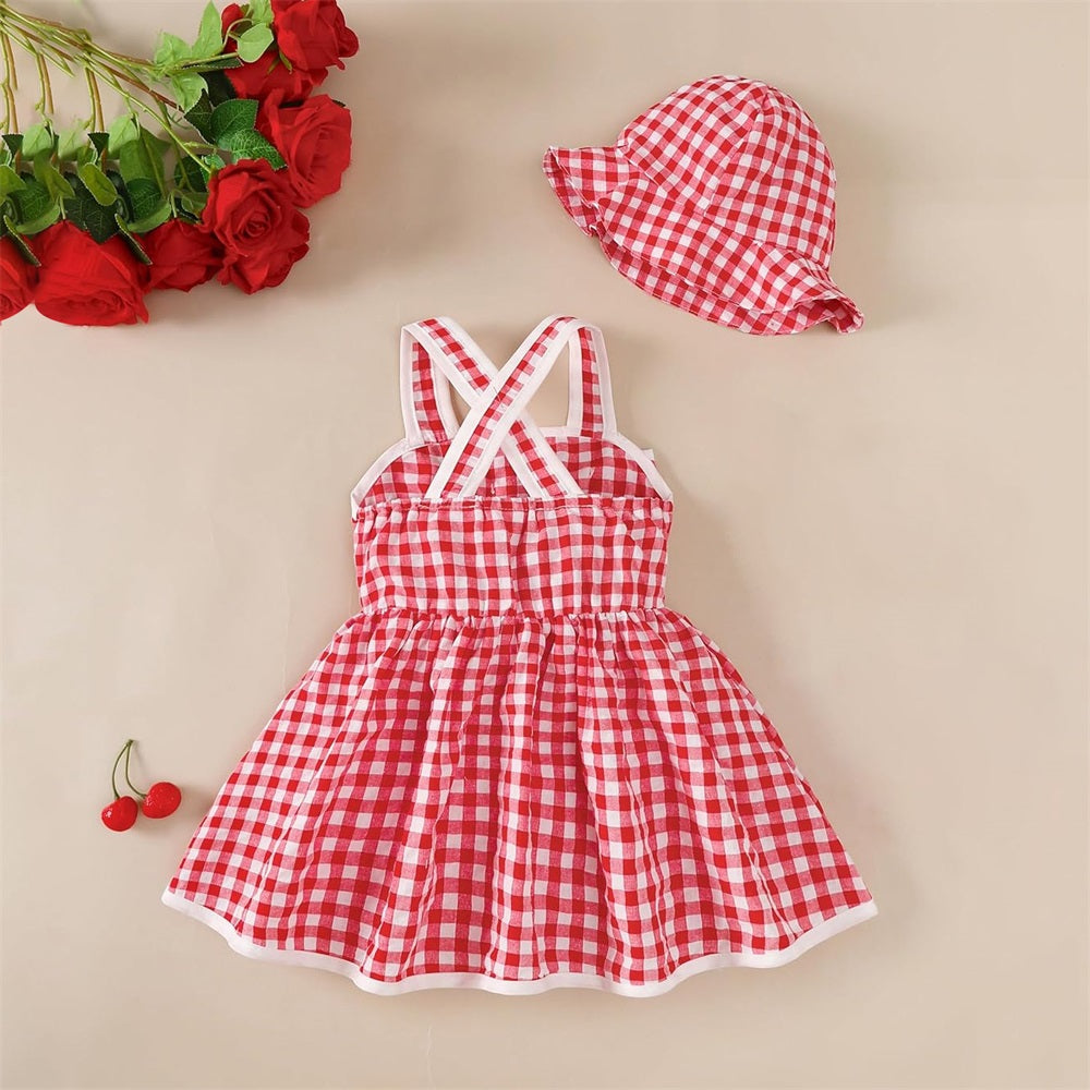 2PCS Fashionable Plaid Print Sleeveless Backless Baby Sundress