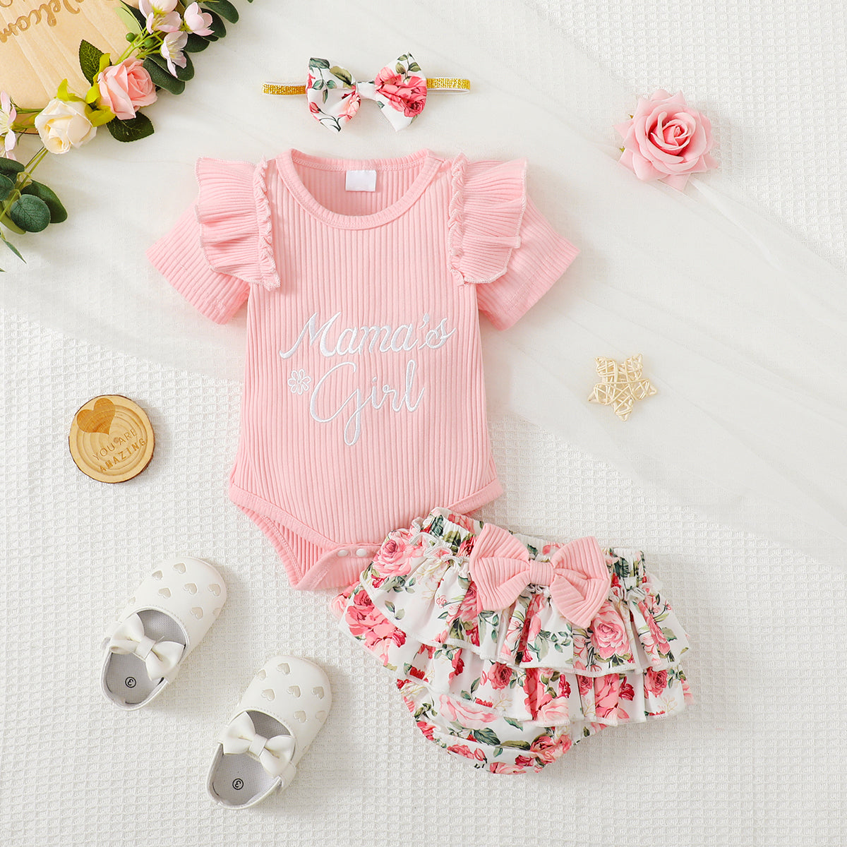 3PCS Sweet Mama's Girl Floral Printed Baby Girl Set