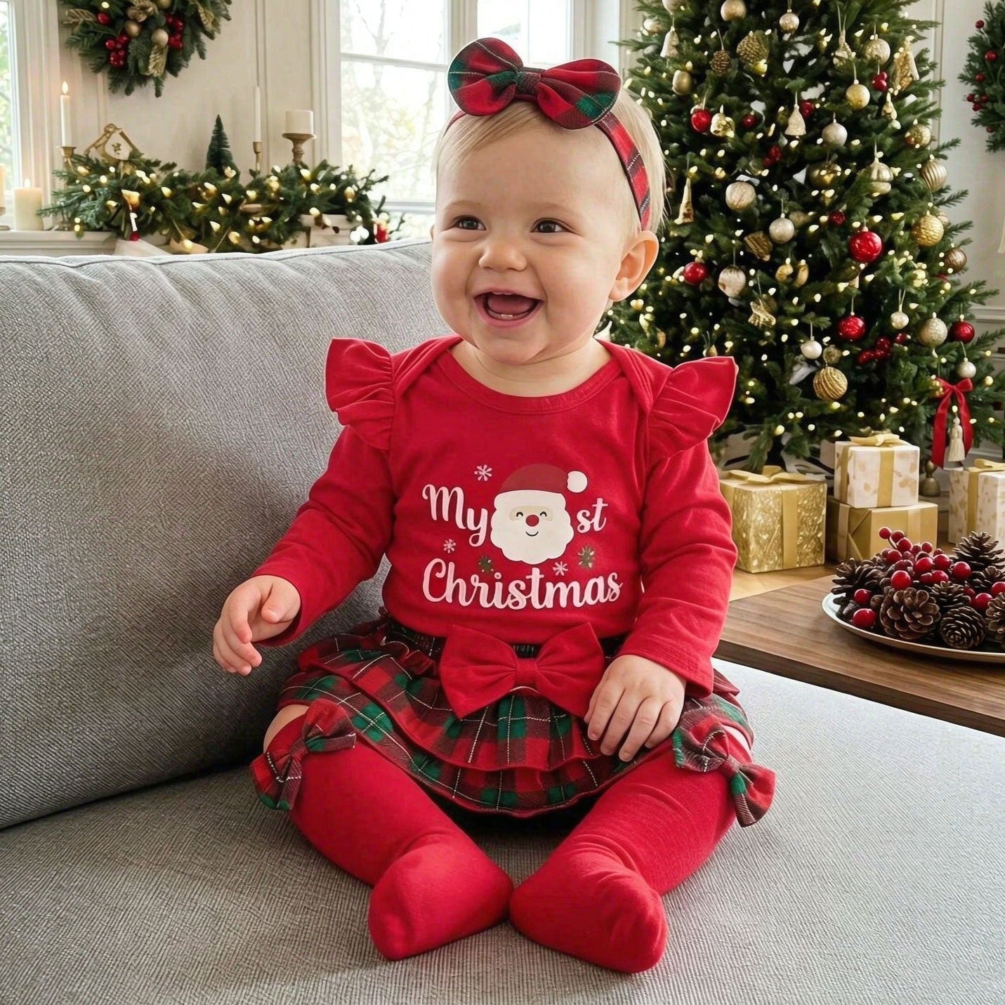 4PCS My 1st Christmas Letter Plaid Santa Claus Print Baby Set