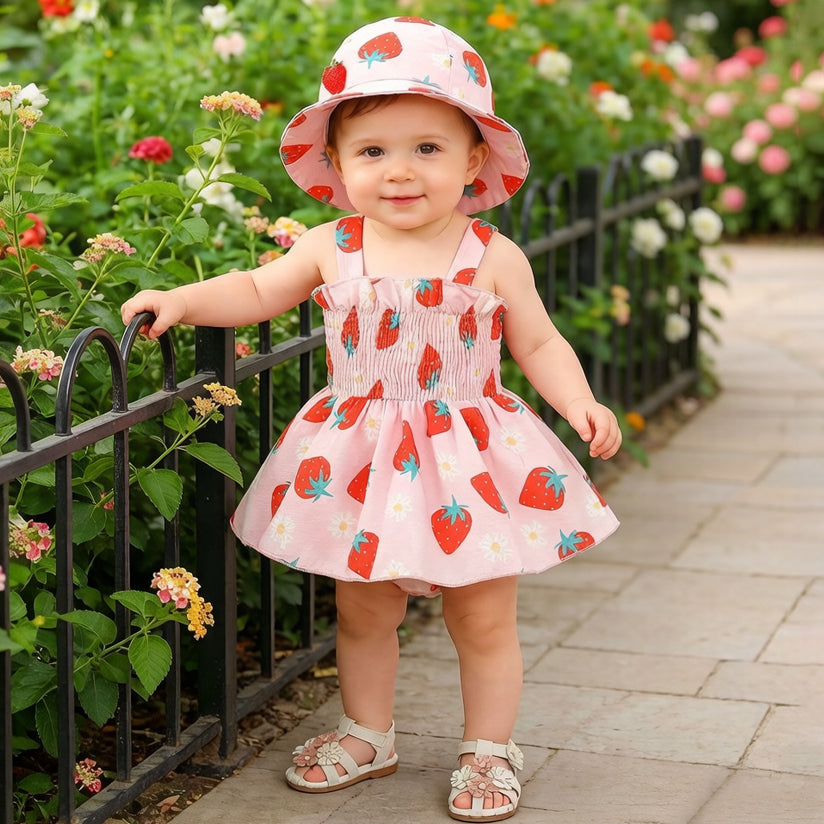 2PCS Lovely Strawberry & Floral Print Sleeveless Baby Girl Romper