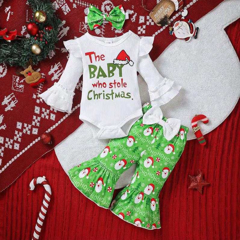 3PCS Quirky The Baby Who Stole Christmas Letter Santa Claus Print Baby Set