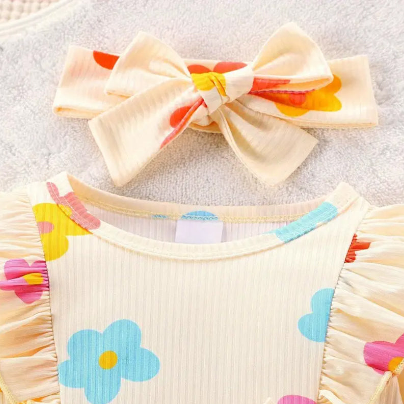 2PCS Radiant Floral Printed Ruffle Long Sleeve Baby Jumpsuit