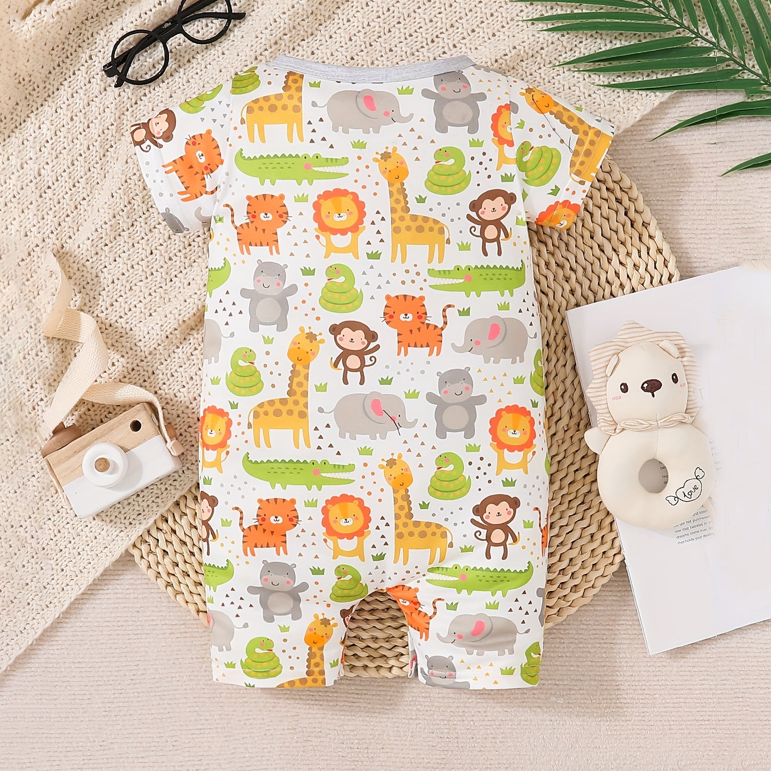 Lovely Cartoon Animal Printed Short Sleeve Baby Jumpsuit