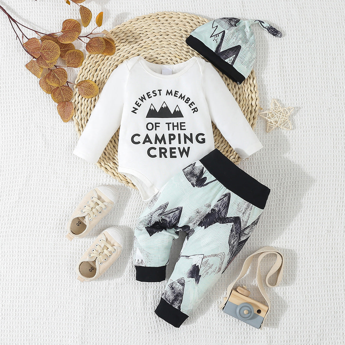 3PCS Camping Crew Letter Mountain Printed Baby Set