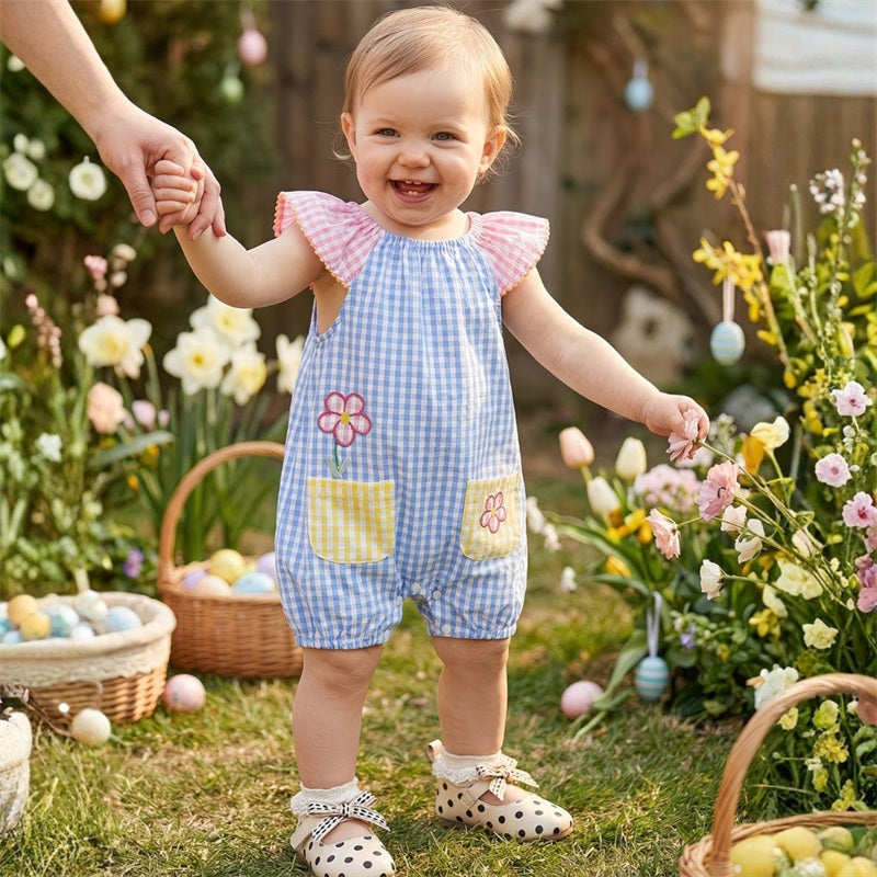 Cute Floral Embroidery Plaid Fly Sleeve Baby Jumpsuit