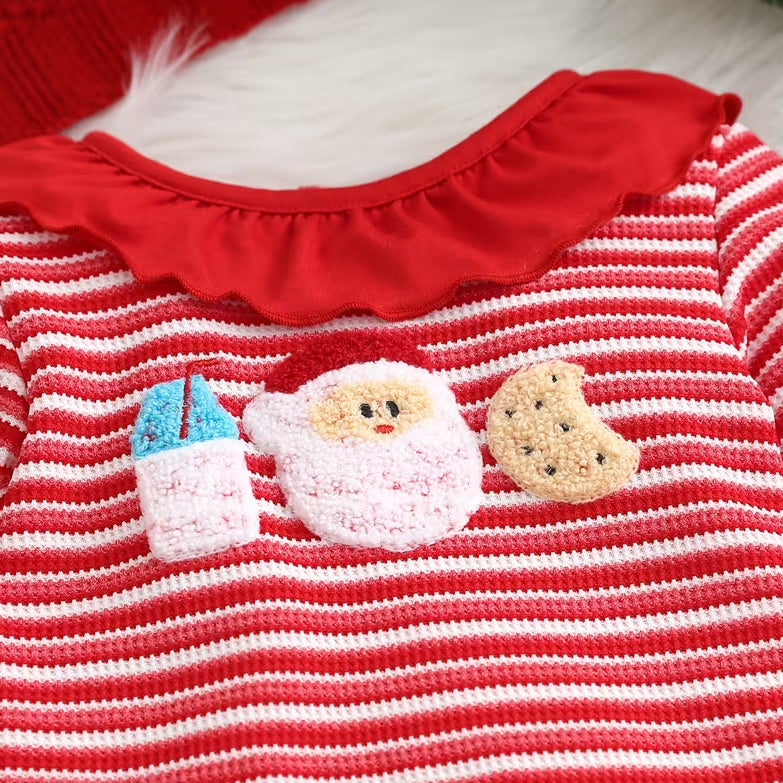 Santa Claus Applique Striped Knit Baby Girl Christmas Jumpsuit